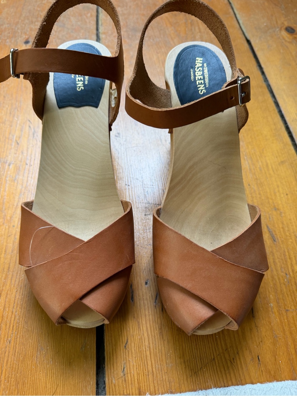 New- Swedish Hasbeens Tan Leather Crisscross Wedge Sandals